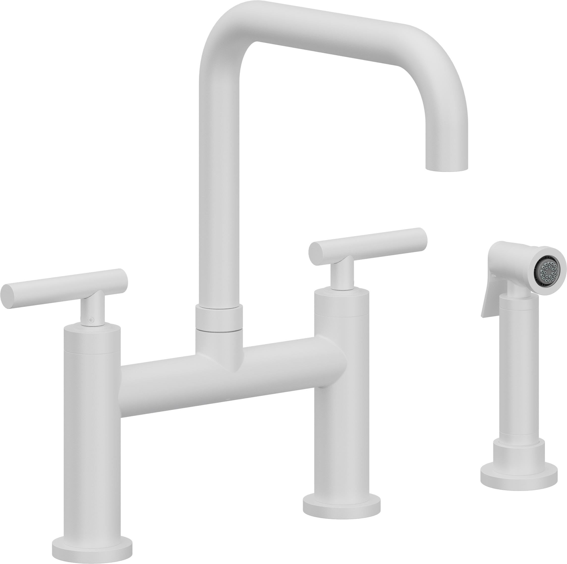 California Faucets Corsano Llave de Cocina Tipo Puente Contemporanea con Rociador Lateral - Pico Cuadruple - Blanco Mate