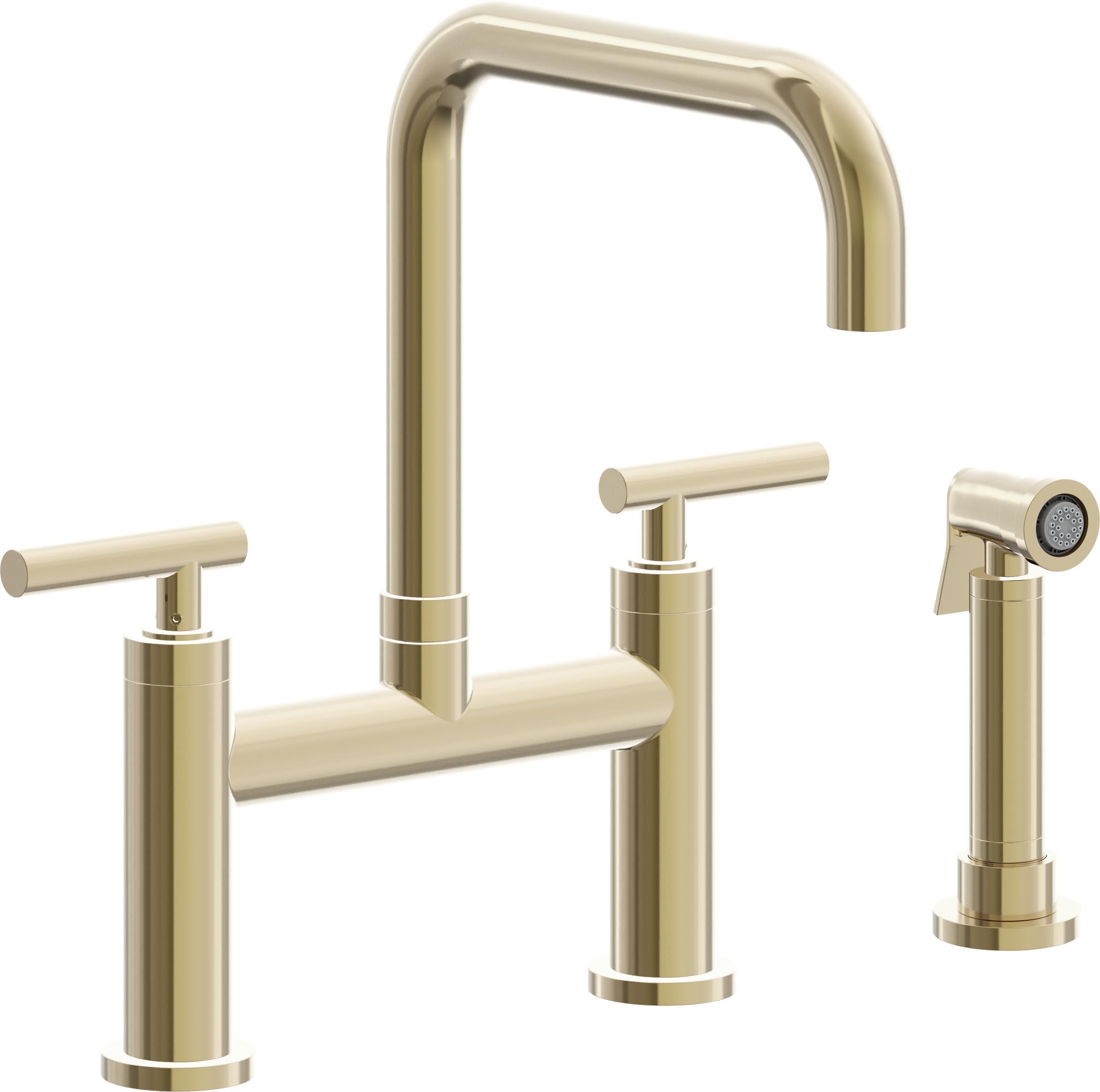 California Faucets Corsano Llave de Cocina Tipo Puente Contemporanea con Rociador Lateral - Pico Cuadruple - Latón Pulido