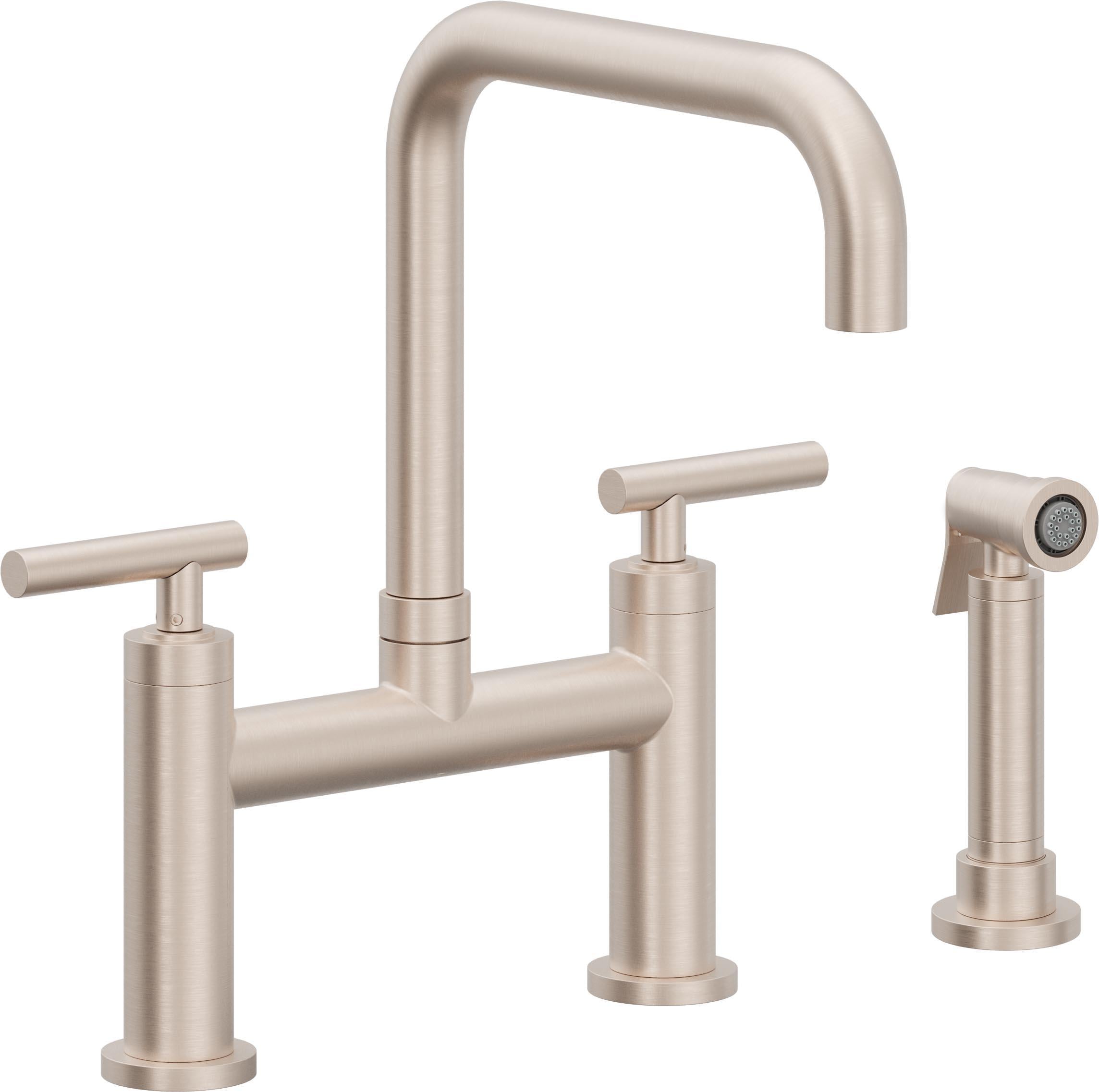 California Faucets Corsano Llave de Cocina Tipo Puente Contemporanea con Rociador Lateral - Pico Cuadruple - Níquel Satinado
