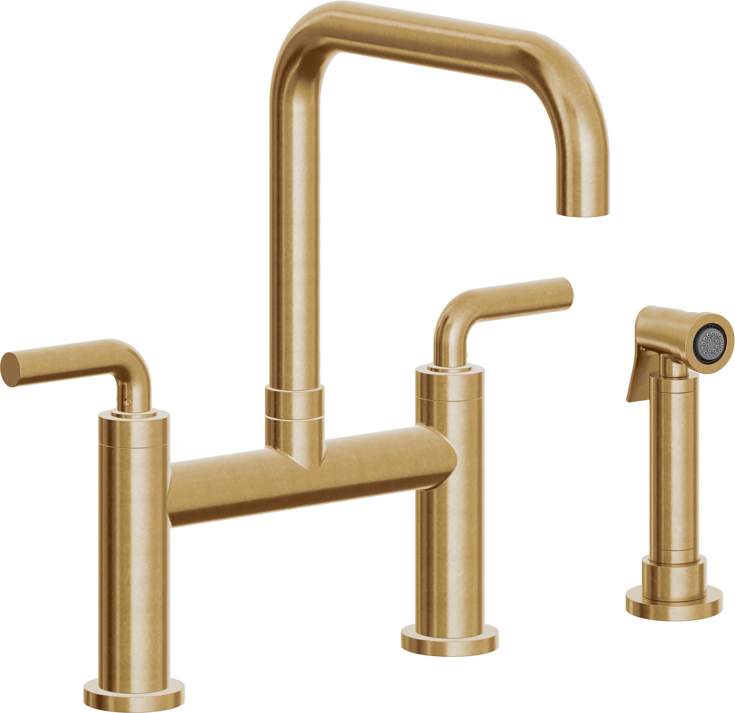 California Faucets Corsano Llave de Cocina Tipo Puente Contemporanea con Rociador Lateral - Pico Cuadruple - Latón Bruñido