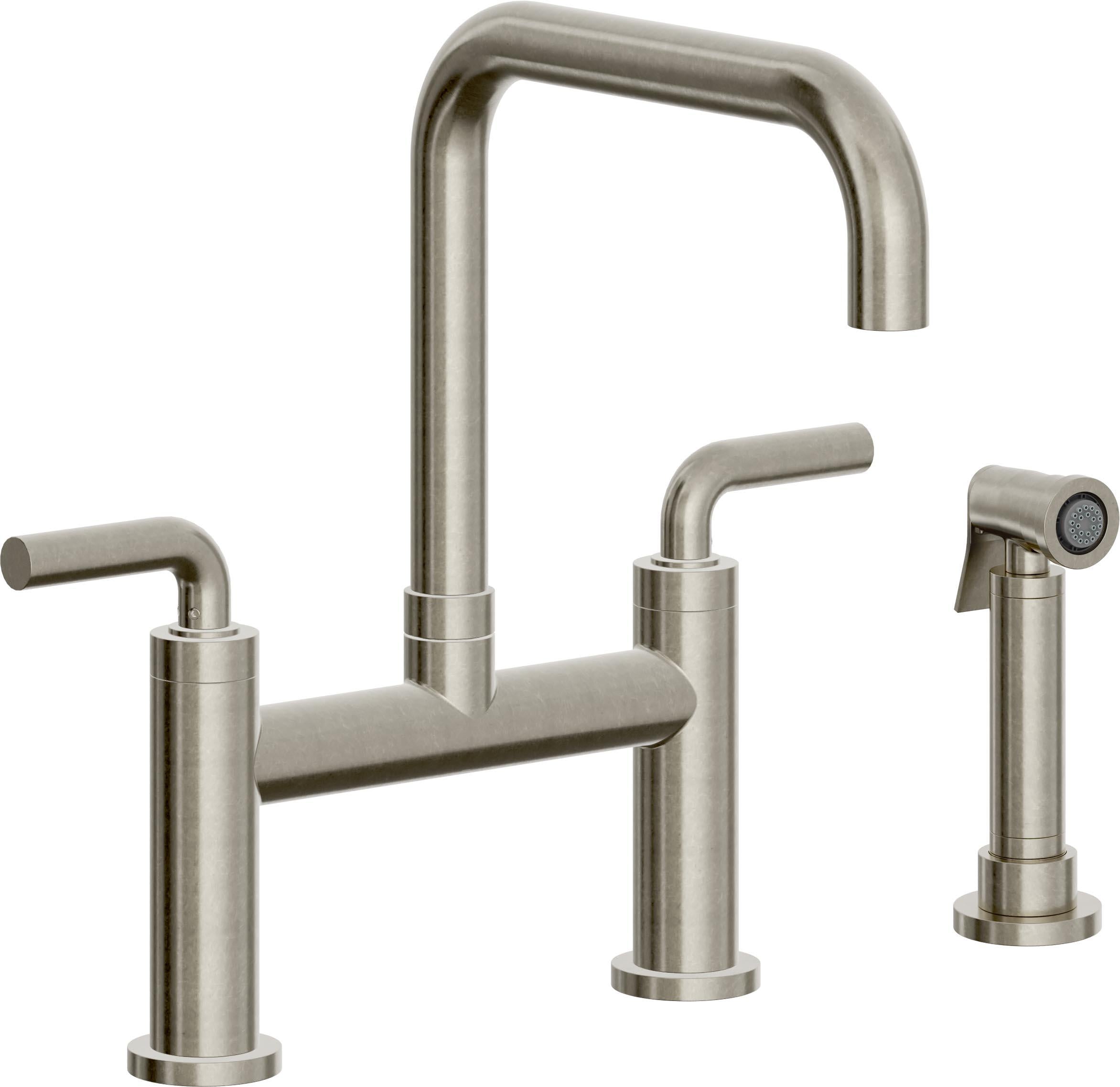 California Faucets Corsano Llave de Cocina Tipo Puente Contemporanea con Rociador Lateral - Pico Cuadruple - Níquel Bruñido