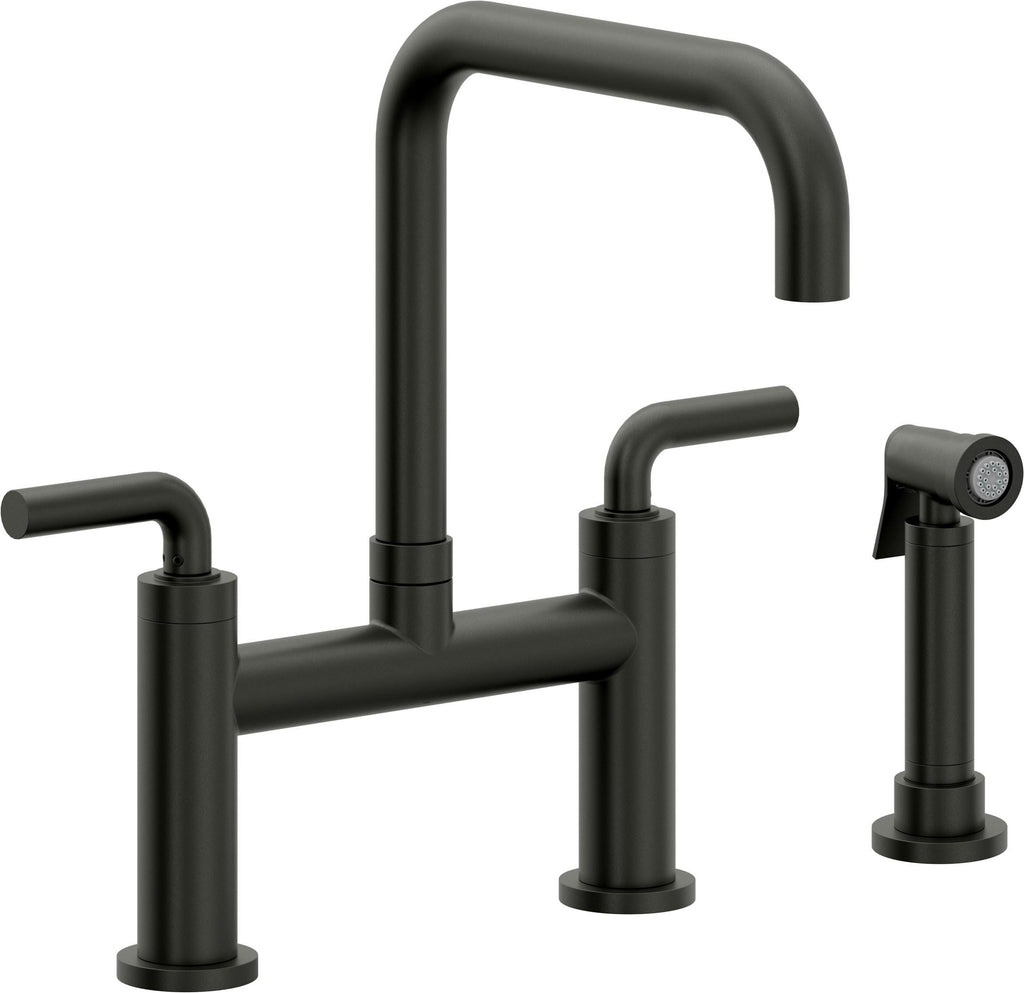 California Faucets Corsano Llave de Cocina Tipo Puente Contemporanea con Rociador Lateral - Pico Cuadruple - Bronce Bella Terra