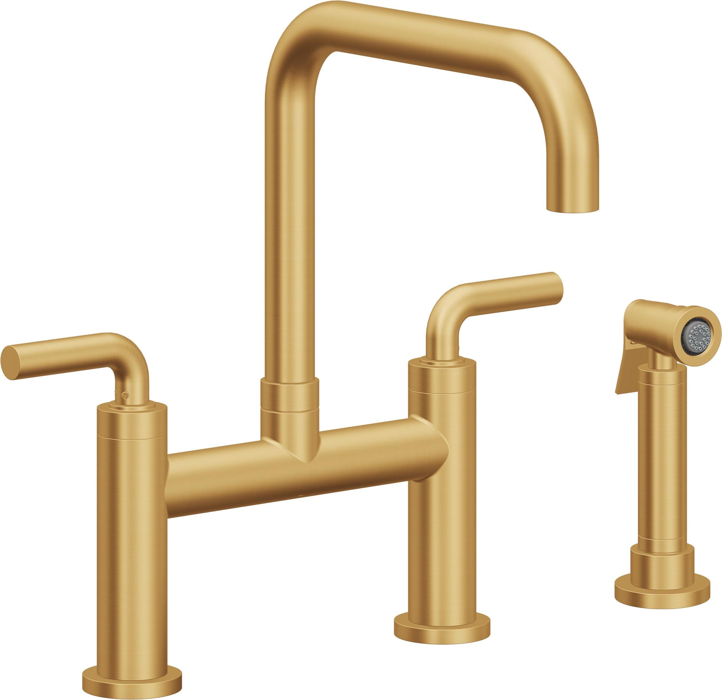 California Faucets Corsano Llave de Cocina Tipo Puente Contemporanea con Rociador Lateral - Pico Cuadruple - Oro Satinado de por Vida
