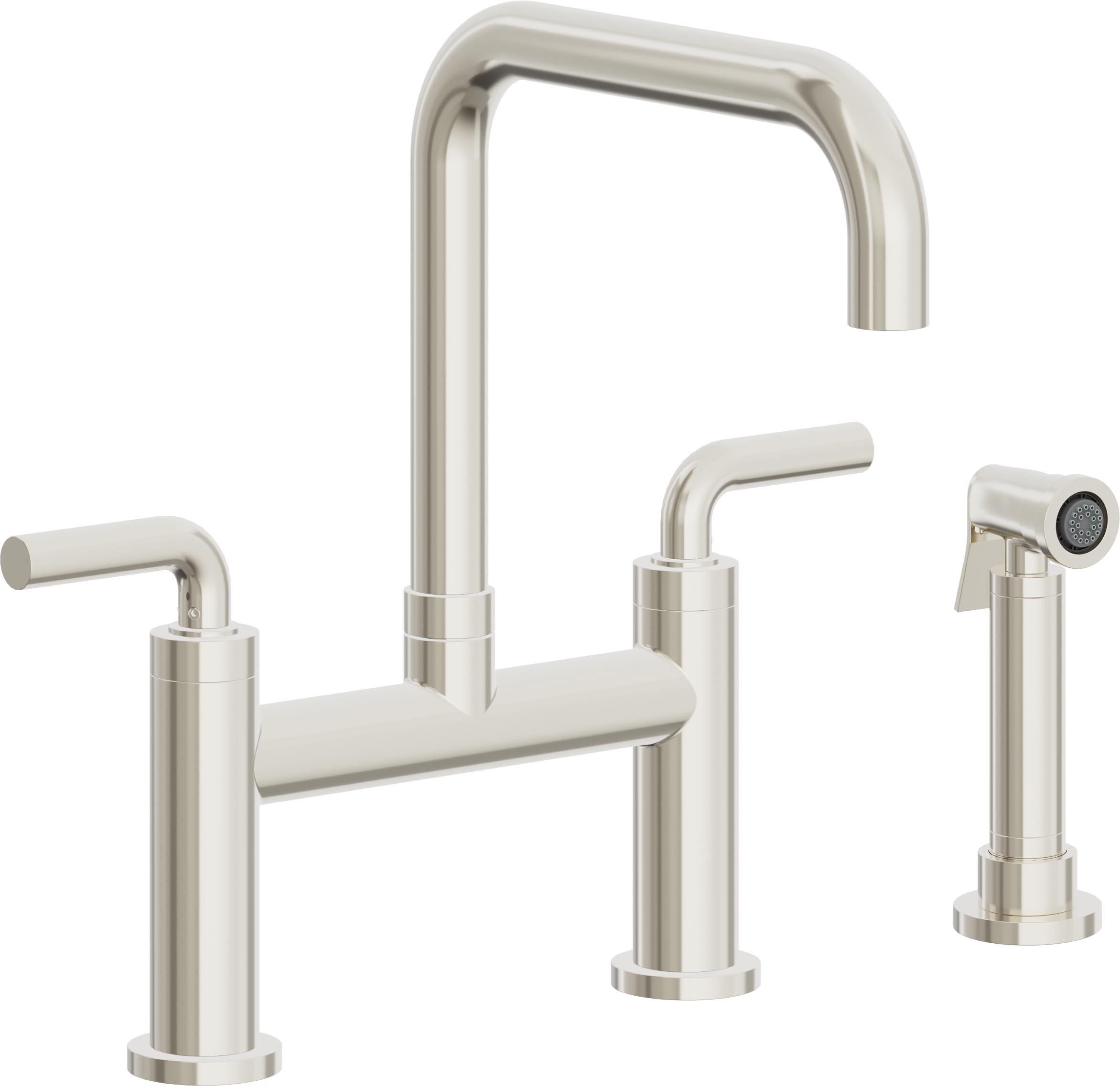 California Faucets Corsano Llave de Cocina Tipo Puente Contemporanea con Rociador Lateral - Pico Cuadruple - Níquel Pulido