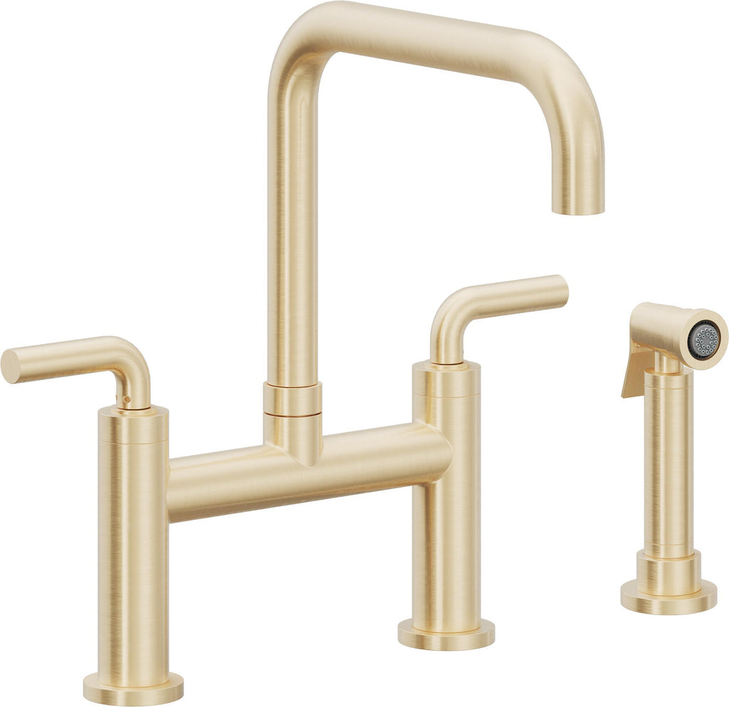 California Faucets Corsano Llave de Cocina Tipo Puente Contemporanea con Rociador Lateral - Pico Cuadruple - Latón Satinado