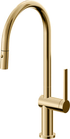 California Faucets La Spezia Llave de Cocina Extraible Contemporanea con Rociador de Boton - Pico Alto en Arco - Oro Francés