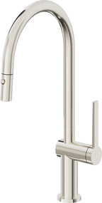 California Faucets La Spezia Llave de Cocina Extraible Contemporanea con Rociador de Boton - Pico Alto en Arco - Níquel Pulido