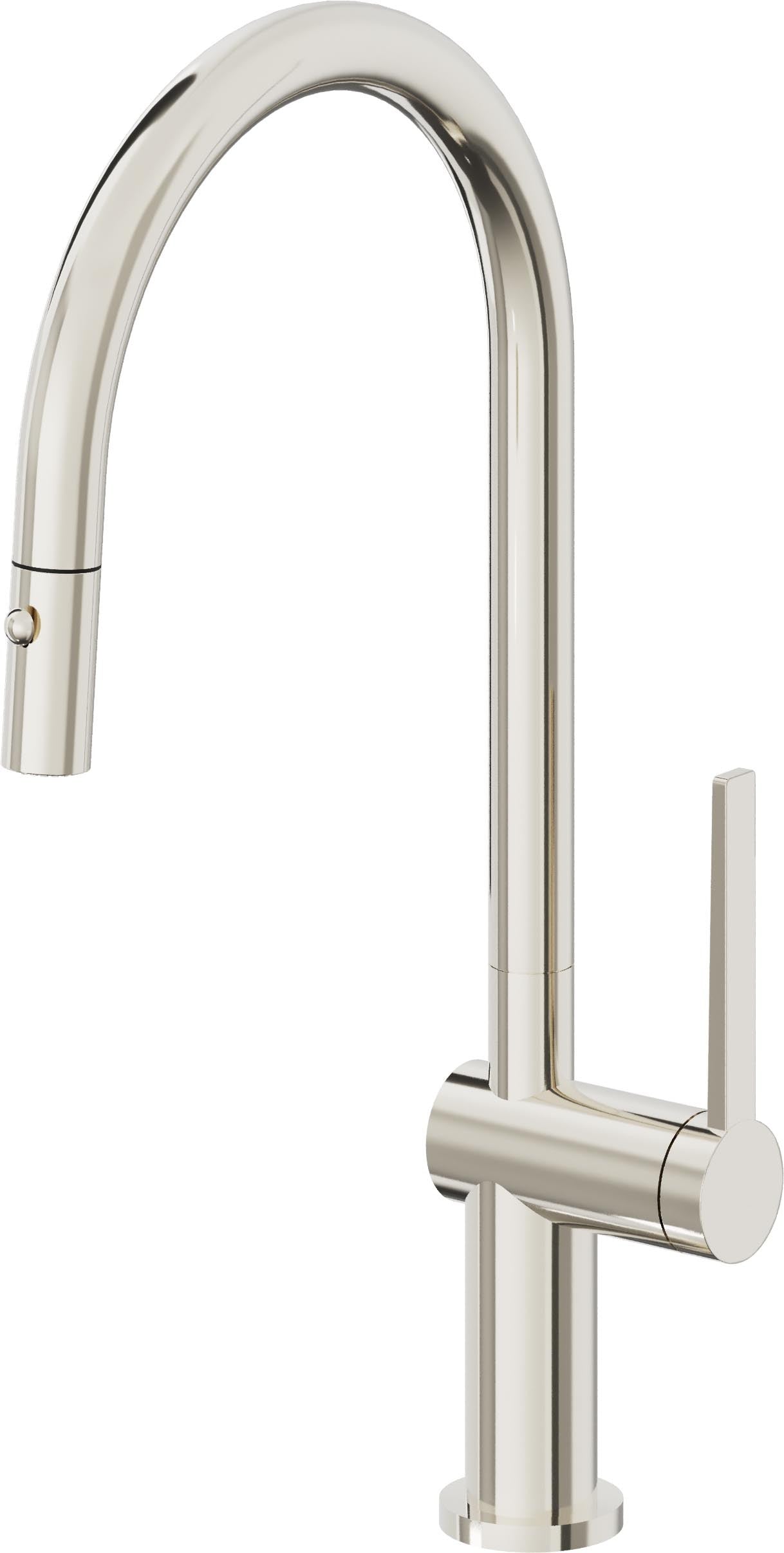 California Faucets La Spezia Llave de Cocina Extraible Contemporanea con Rociador de Boton - Pico Alto en Arco - Níquel Pulido