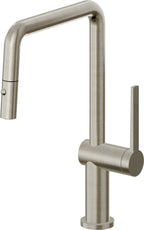 California Faucets La Spezia Llave de Cocina Extraible Contemporanea con Rociador de Boton - Pico Cuadruple - Níquel Bruñido