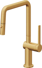 California Faucets La Spezia Llave de Cocina Extraible Contemporanea con Rociador de Boton - Pico Cuadruple - Oro Satinado de por Vida