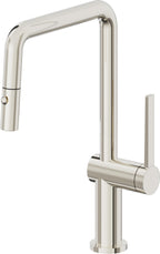California Faucets La Spezia Llave de Cocina Extraible Contemporanea con Rociador de Boton - Pico Cuadruple - Níquel Pulido