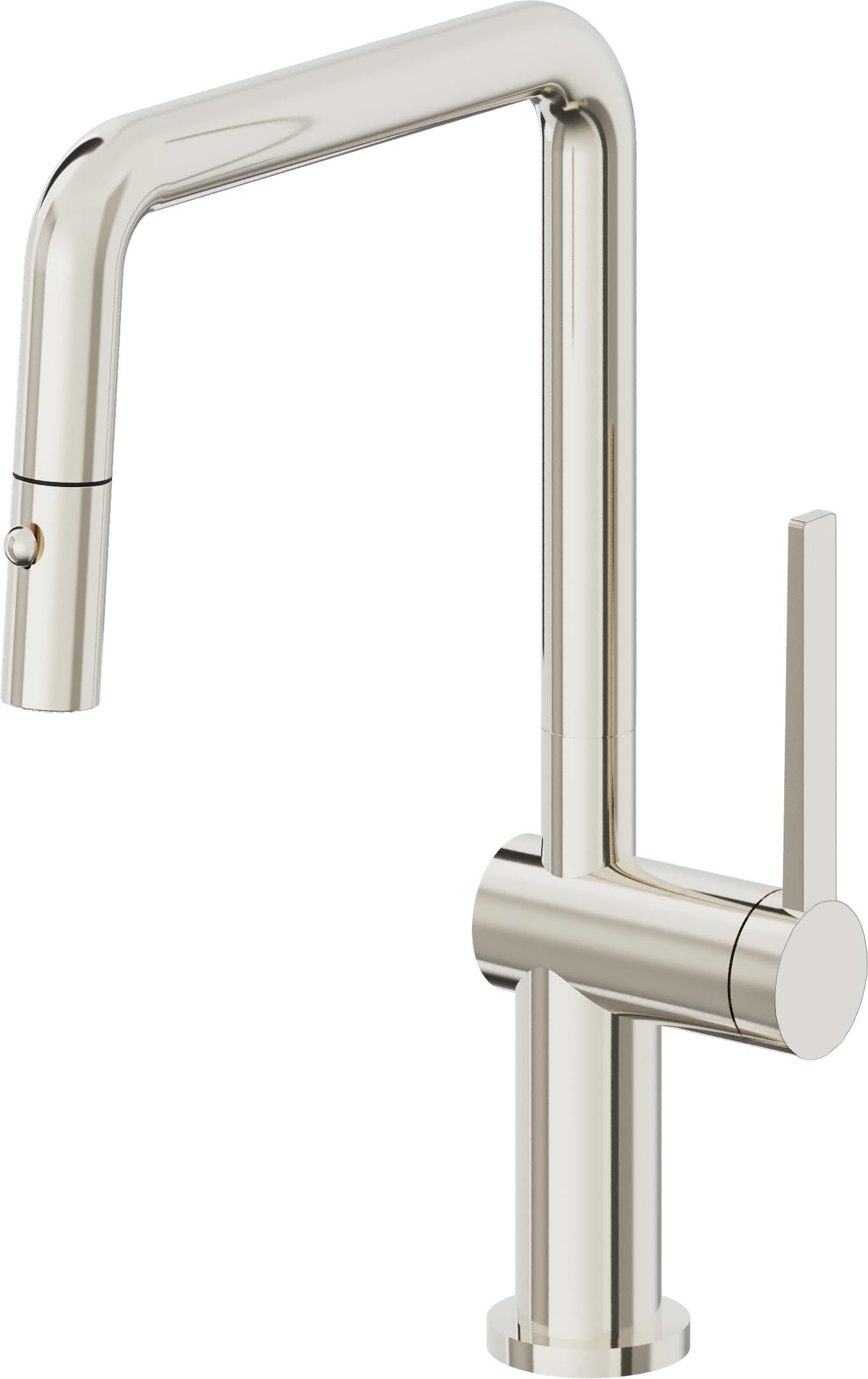 California Faucets La Spezia Llave de Cocina Extraible Contemporanea con Rociador de Boton - Pico Cuadruple - Níquel Pulido