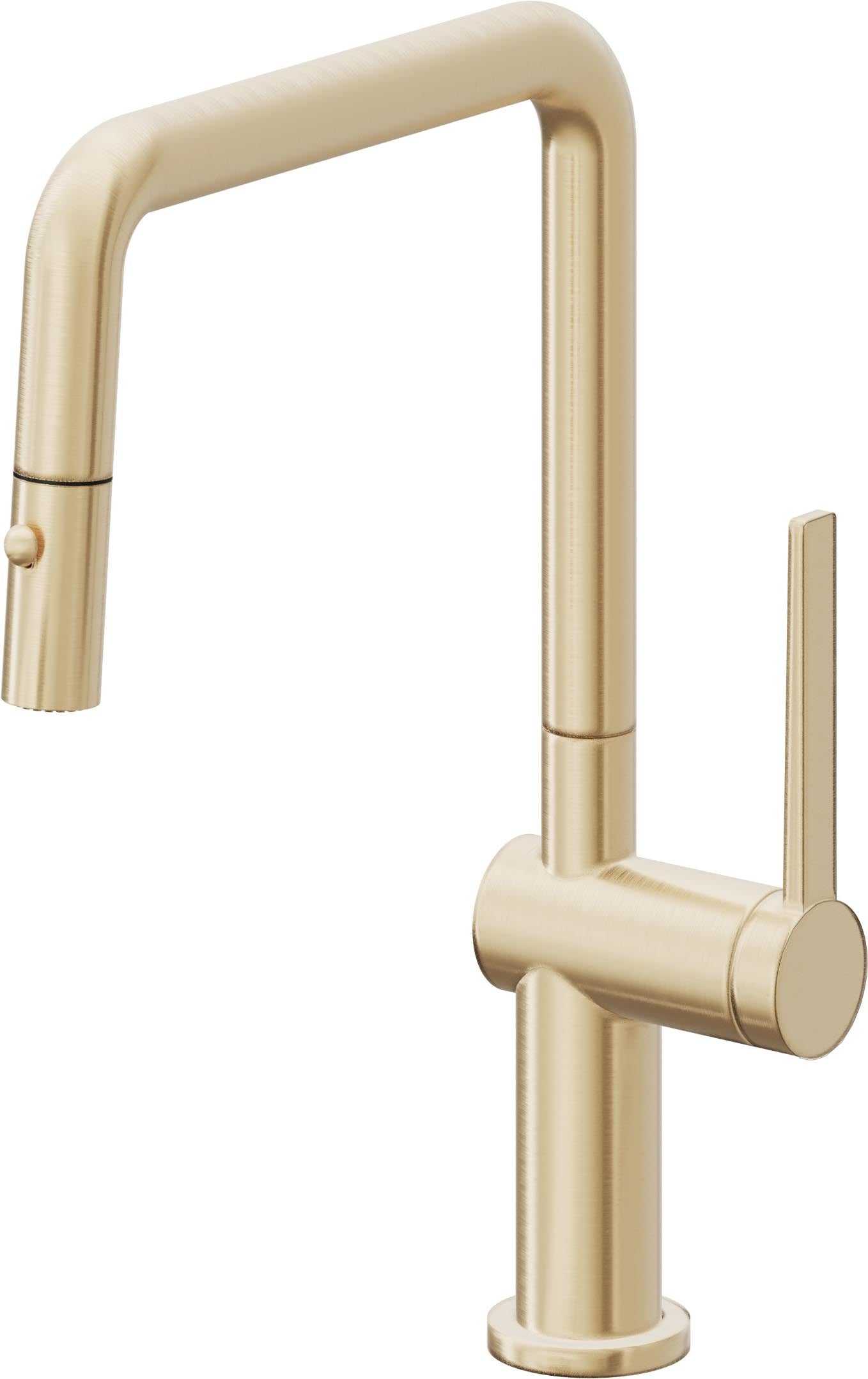 California Faucets La Spezia Llave de Cocina Extraible Contemporanea con Rociador de Boton - Pico Cuadruple - Latón Satinado