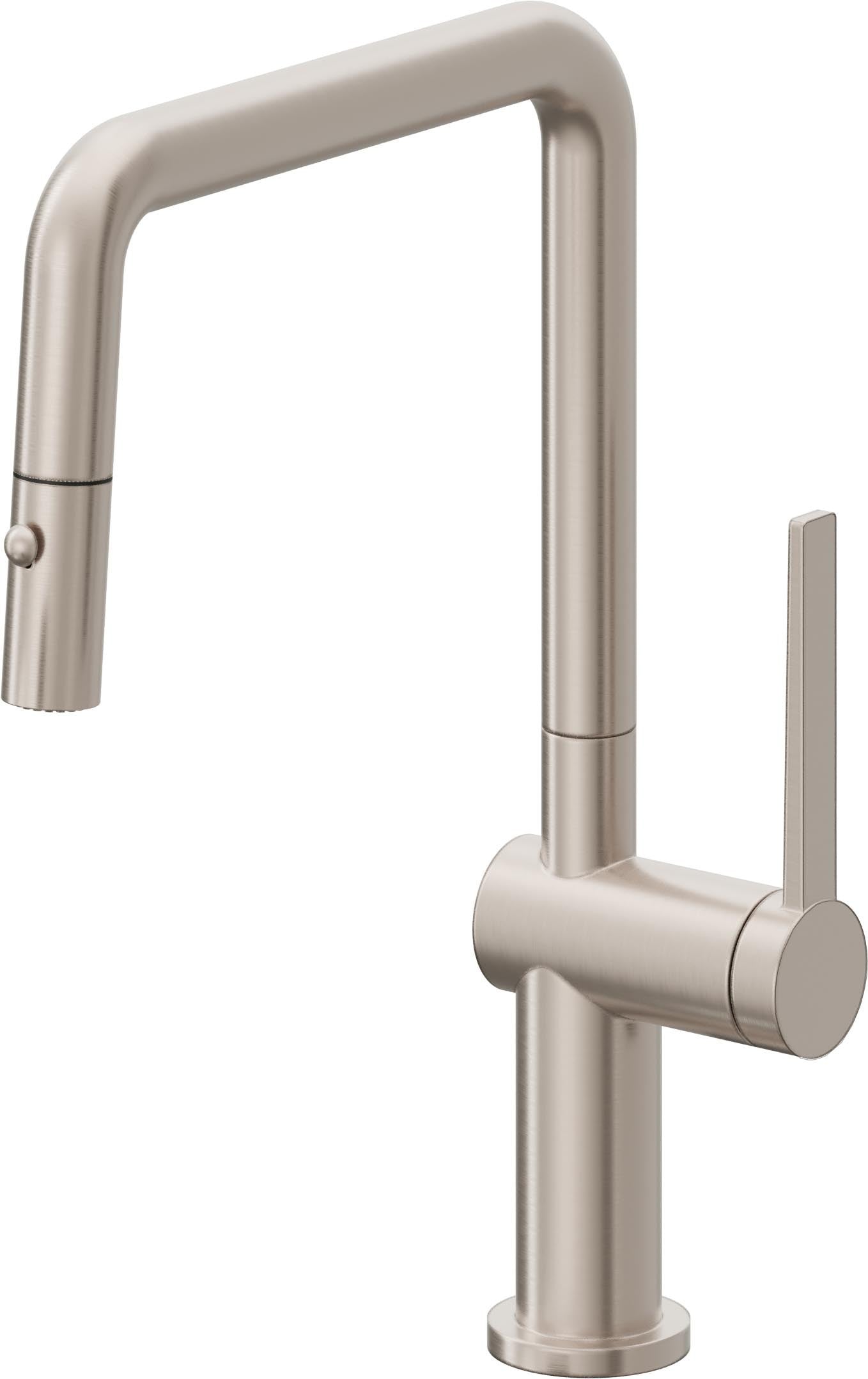 California Faucets La Spezia Llave de Cocina Extraible Contemporanea con Rociador de Boton - Pico Cuadruple - Níquel Satinado