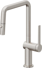 California Faucets La Spezia Llave de Cocina Extraible Contemporanea con Rociador de Boton - Pico Cuadruple - Acero Inoxidable Ultra