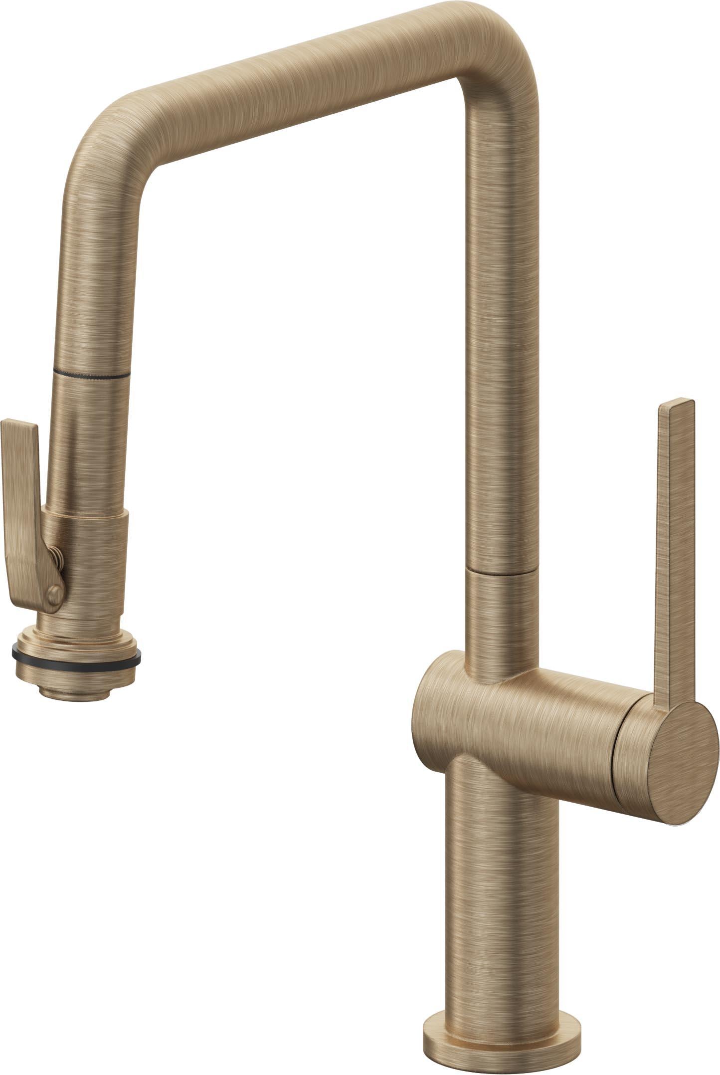 California Faucets La Spezia Llave de Cocina Extraible Contemporanea con Rociador de Apretar - Pico Cuadruple - Latón Antiguo Mate