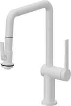 California Faucets La Spezia Llave de Cocina Extraible Contemporanea con Rociador de Apretar - Pico Cuadruple - Blanco Mate