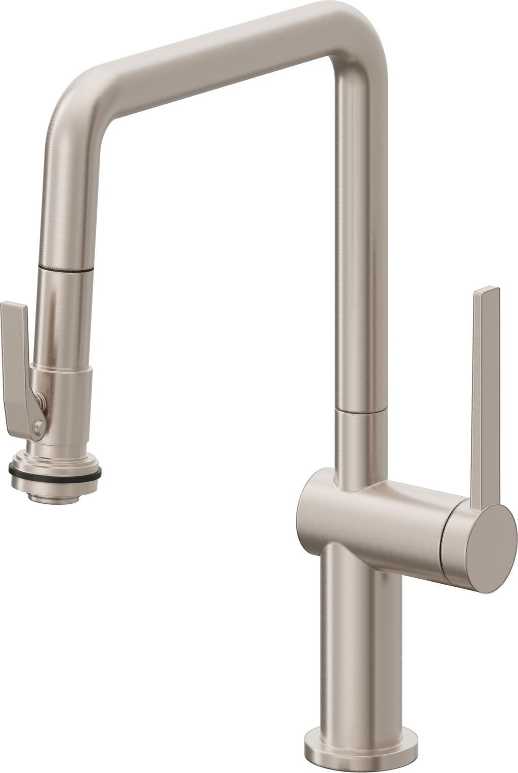 California Faucets La Spezia Llave de Cocina Extraible Contemporanea con Rociador de Apretar - Pico Cuadruple - Níquel Satinado