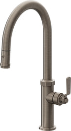 California Faucets Descanso Works Llave de Cocina Extraible Industrial con Rociador de Boton - Pico Alto en Arco - Níquel Antiguo Mate