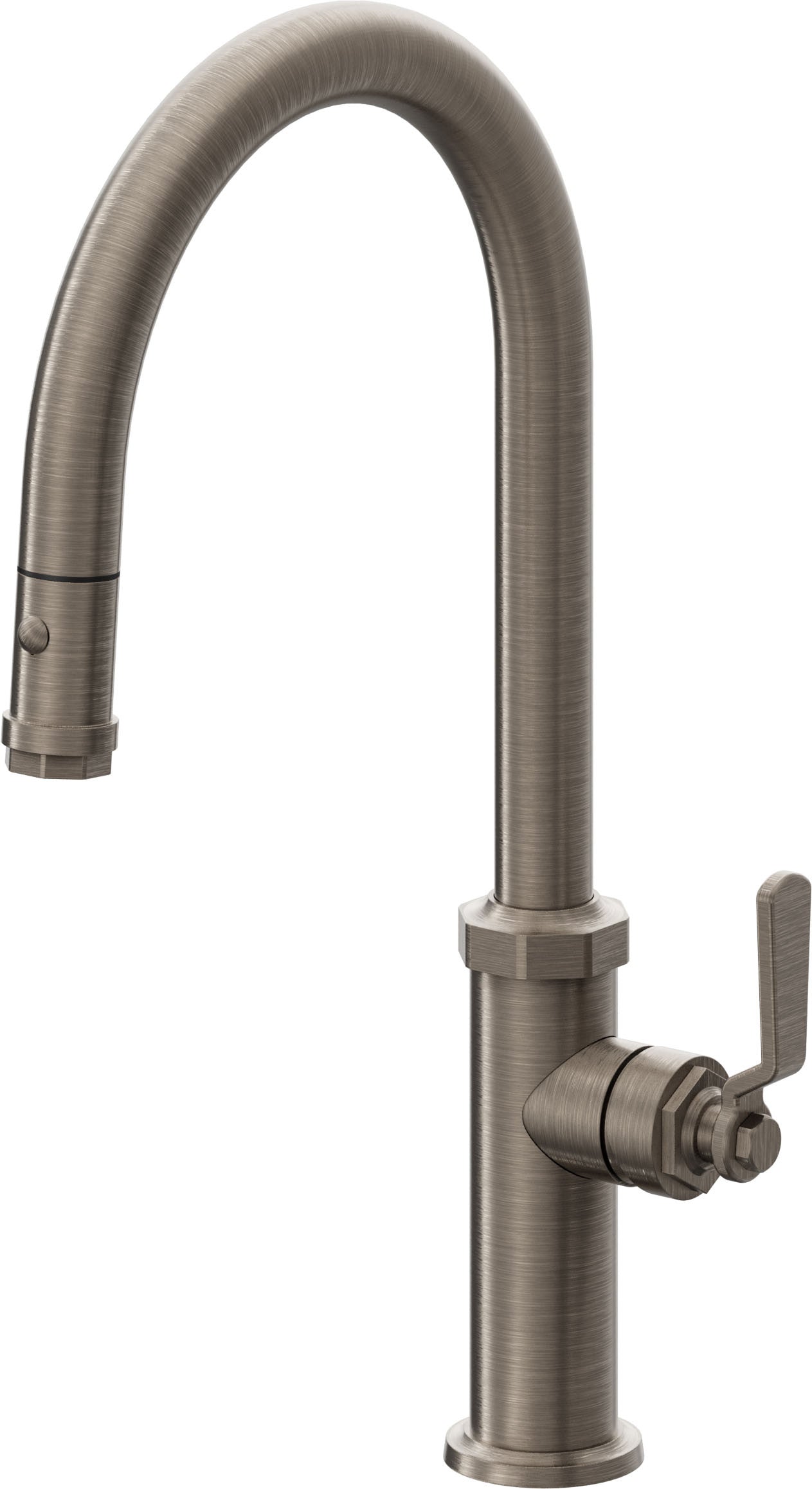 California Faucets Descanso Works Llave de Cocina Extraible Industrial con Rociador de Boton - Pico Alto en Arco - Níquel Antiguo Mate