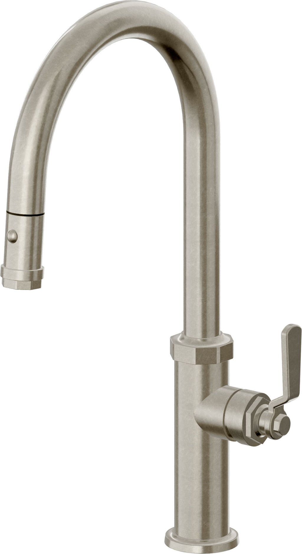 California Faucets Descanso Works Llave de Cocina Extraible Industrial con Rociador de Boton - Pico Alto en Arco - Níquel Bruñido
