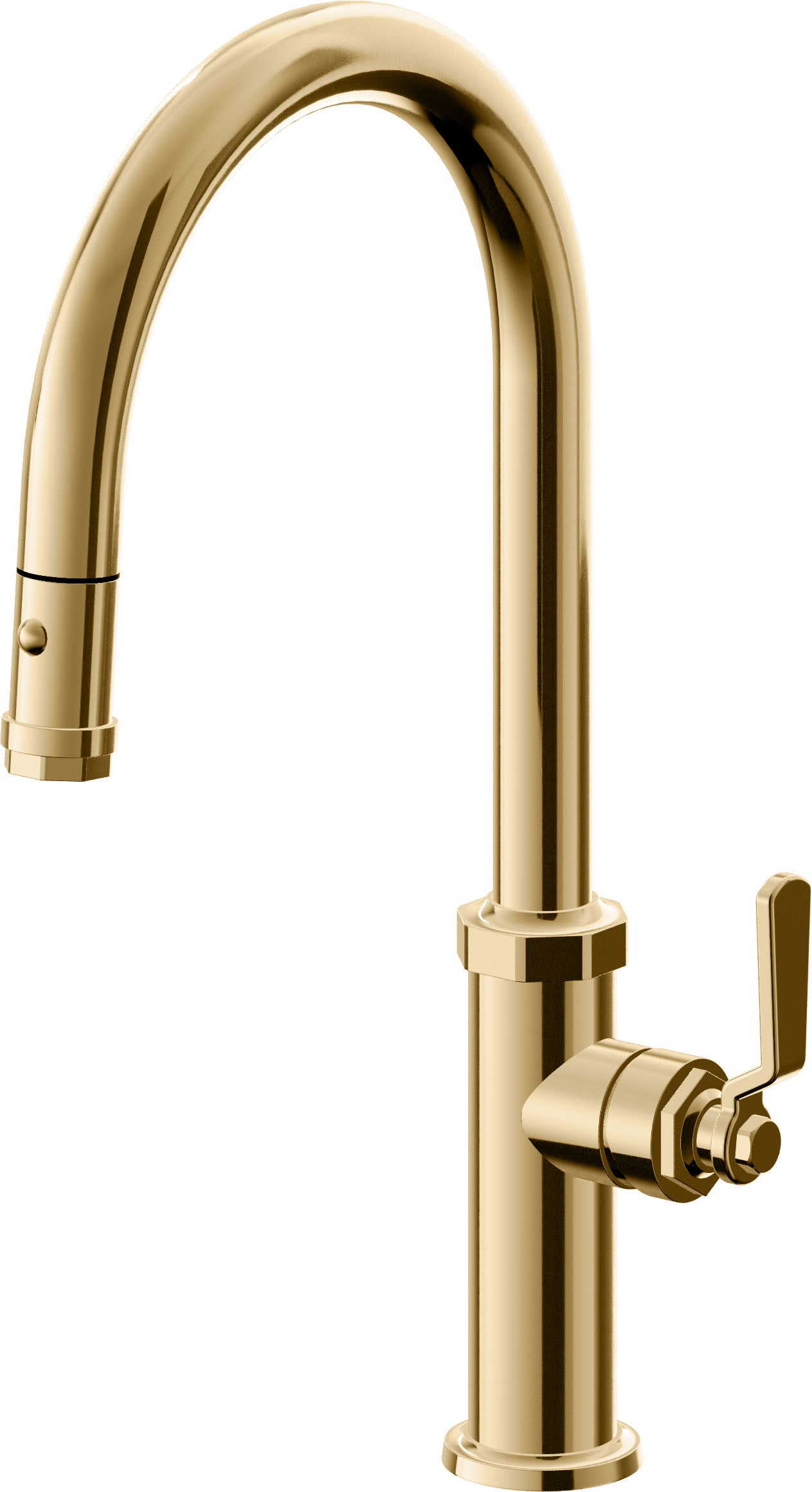 California Faucets Descanso Works Llave de Cocina Extraible Industrial con Rociador de Boton - Pico Alto en Arco - Oro Francés