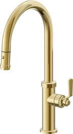 California Faucets Descanso Works Llave de Cocina Extraible Industrial con Rociador de Boton - Pico Alto en Arco - Oro Pulido de por Vida