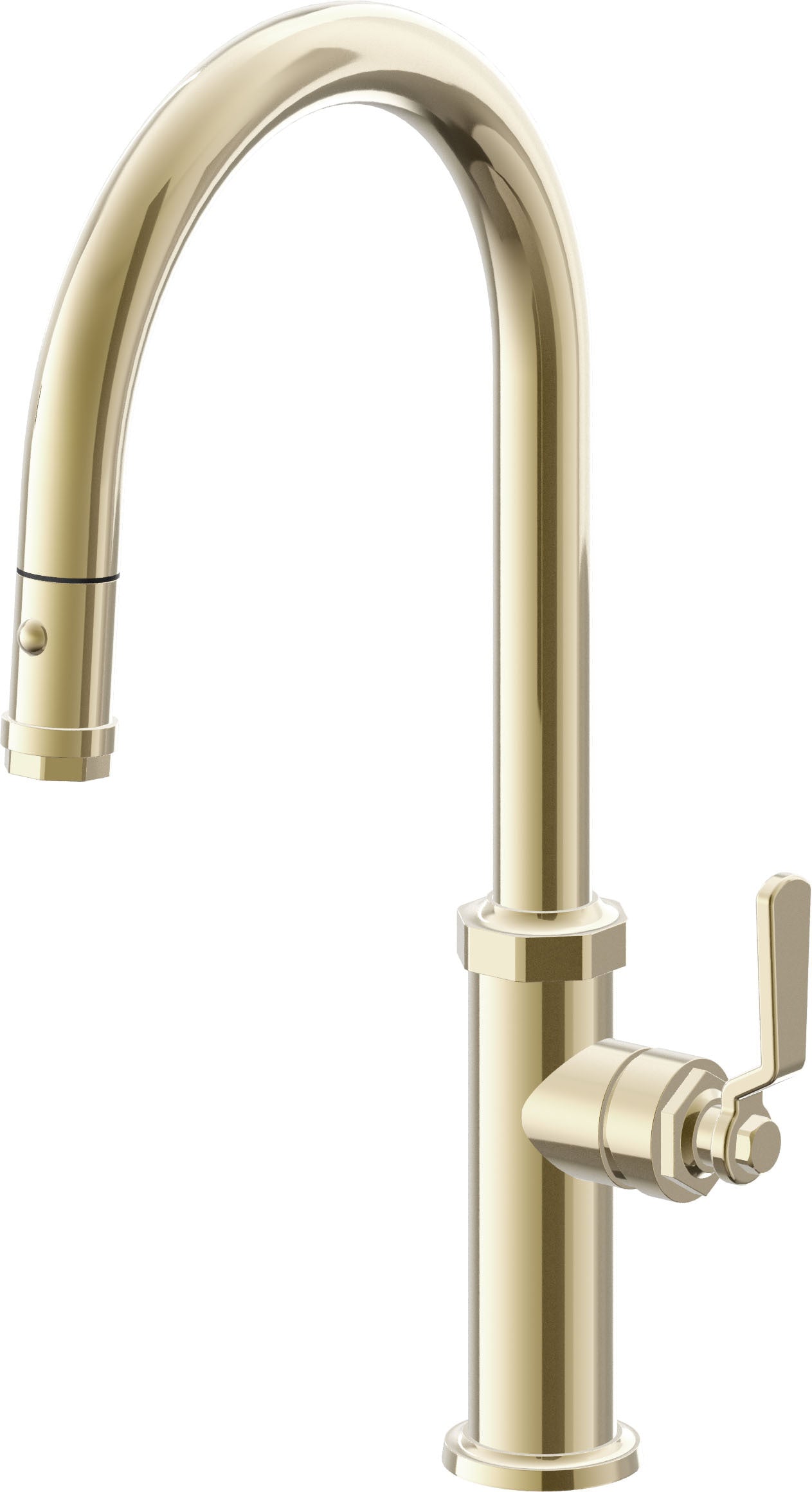 California Faucets Descanso Works Llave de Cocina Extraible Industrial con Rociador de Boton - Pico Alto en Arco - Latón Pulido