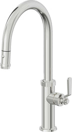 California Faucets Descanso Works Llave de Cocina Extraible Industrial con Rociador de Boton - Pico Alto en Arco - Cromo Pulido