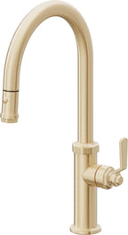 California Faucets Descanso Works Llave de Cocina Extraible Industrial con Rociador de Boton - Pico Alto en Arco - Latón Satinado