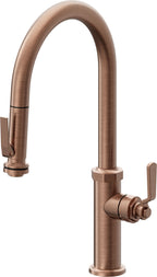 California Faucets Descanso Works Llave de Cocina Extraible Industrial con Rociador de Apretar - Pico Alto en Arco - Cobre Antiguo Mate