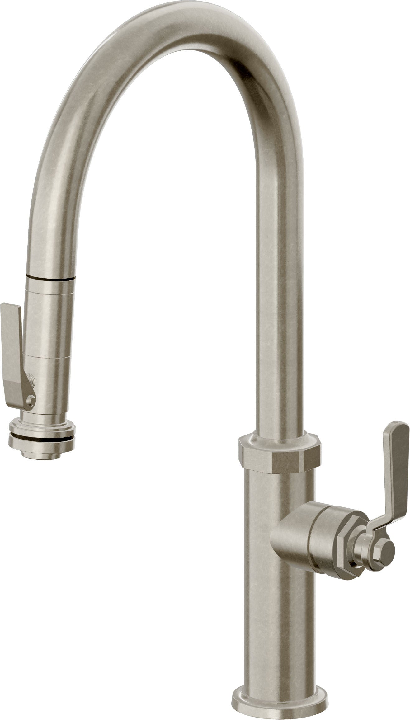 California Faucets Descanso Works Llave de Cocina Extraible Industrial con Rociador de Apretar - Pico Alto en Arco - Níquel Bruñido