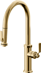 California Faucets Descanso Works Llave de Cocina Extraible Industrial con Rociador de Apretar - Pico Alto en Arco - Oro Francés