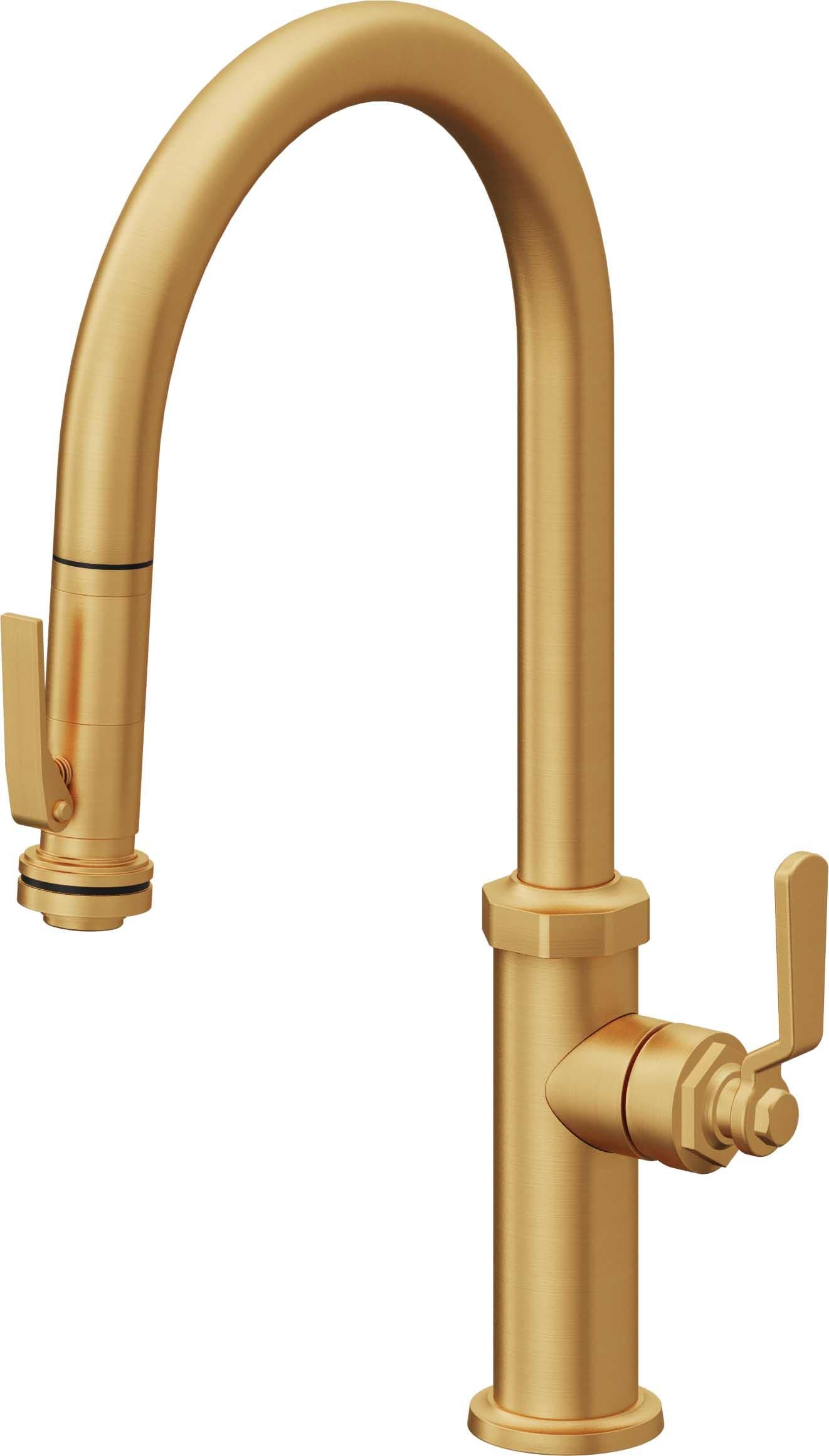 California Faucets Descanso Works Llave de Cocina Extraible Industrial con Rociador de Apretar - Pico Alto en Arco - Oro Satinado de por Vida