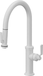 California Faucets Descanso Works Llave de Cocina Extraible Industrial con Rociador de Apretar - Pico Alto en Arco - Blanco Mate