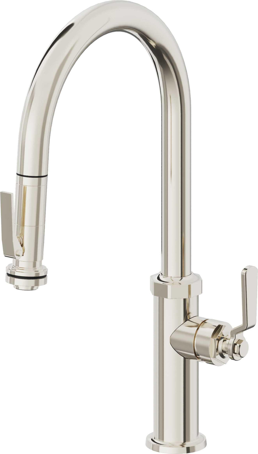 California Faucets Descanso Works Llave de Cocina Extraible Industrial con Rociador de Apretar - Pico Alto en Arco - Níquel Pulido