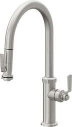 California Faucets Descanso Works Llave de Cocina Extraible Industrial con Rociador de Apretar - Pico Alto en Arco - Cromo Satinado