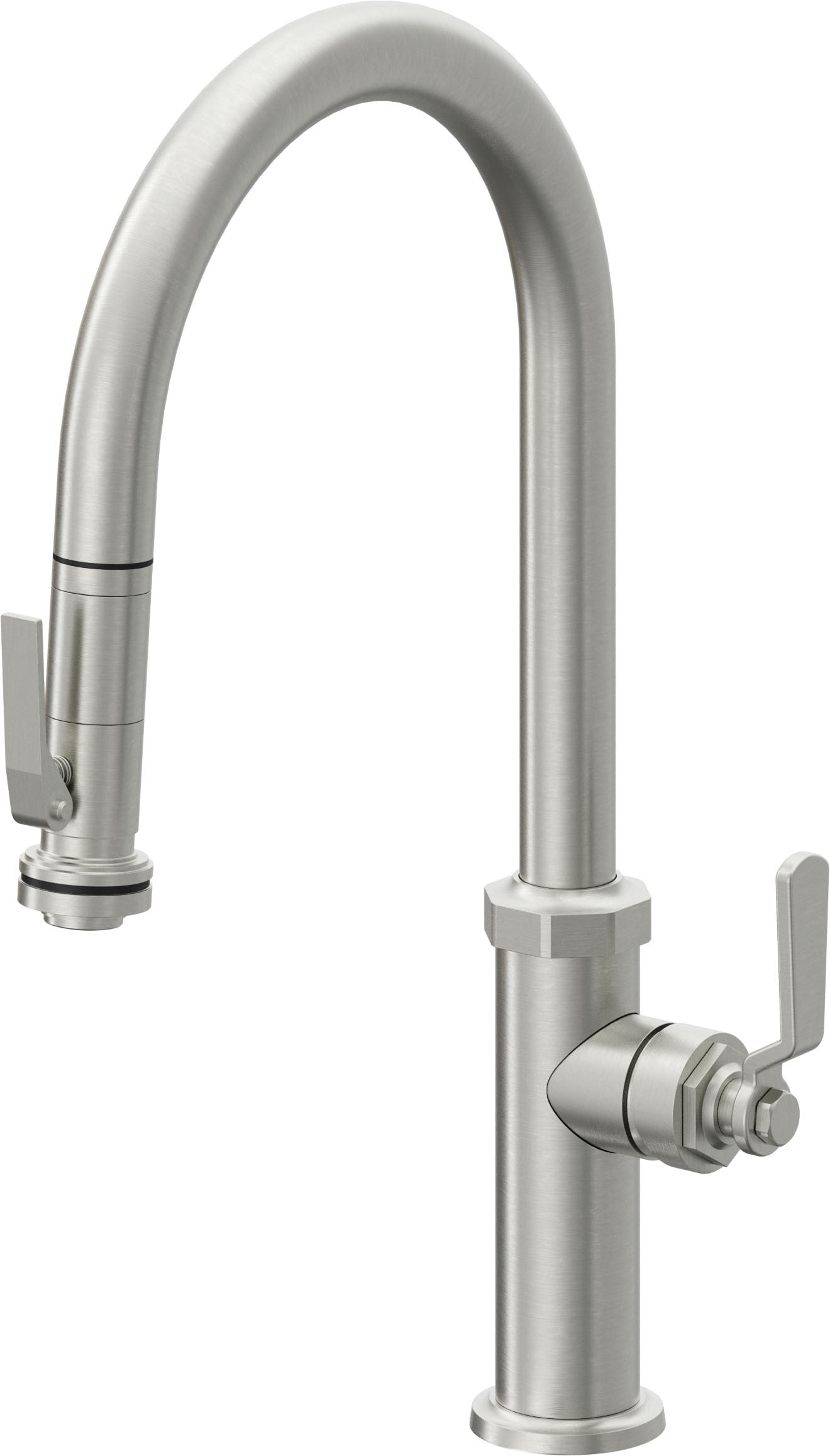 California Faucets Descanso Works Llave de Cocina Extraible Industrial con Rociador de Apretar - Pico Alto en Arco - Cromo Satinado