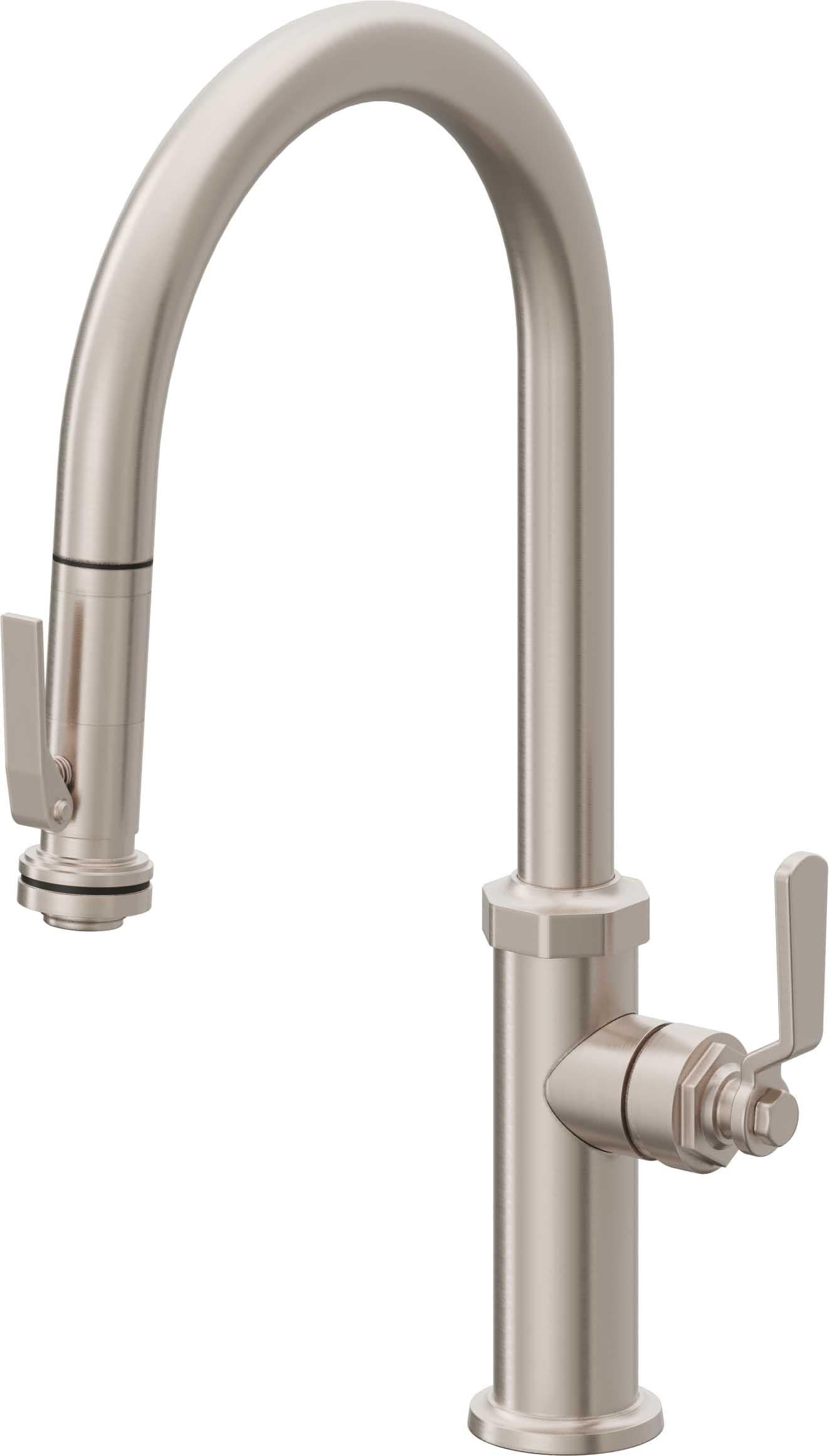 California Faucets Descanso Works Llave de Cocina Extraible Industrial con Rociador de Apretar - Pico Alto en Arco - Níquel Satinado