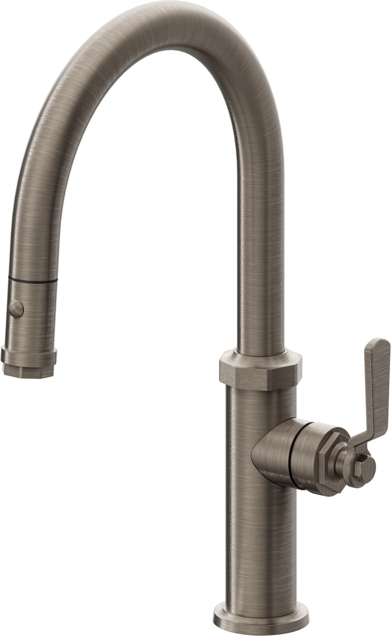California Faucets Descanso Works Llave de Cocina Extraible Industrial con Rociador de Boton - Pico Bajo en Arco - Níquel Antiguo Mate