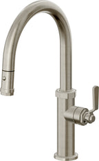 California Faucets Descanso Works Llave de Cocina Extraible Industrial con Rociador de Boton - Pico Bajo en Arco - Níquel Bruñido