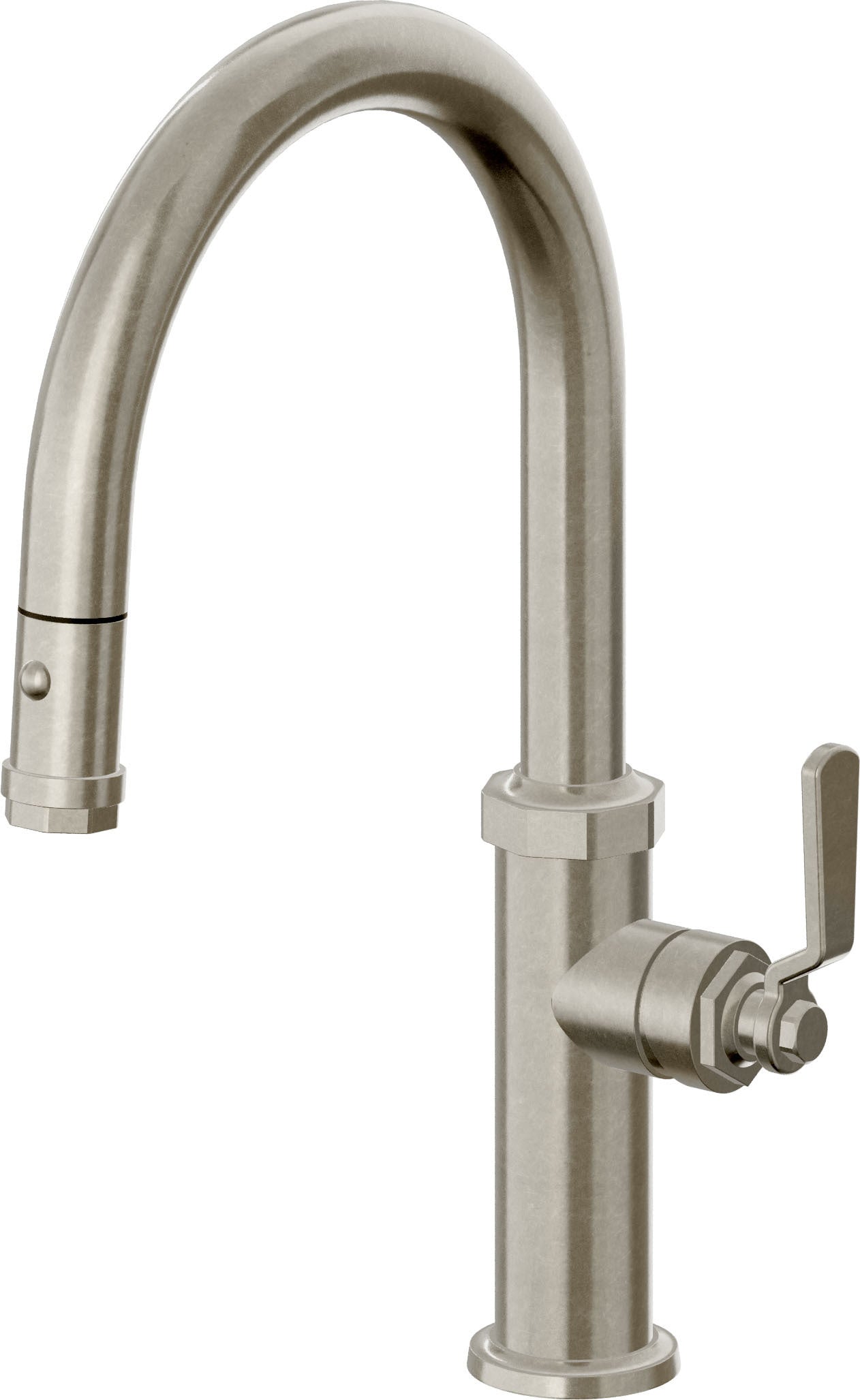 California Faucets Descanso Works Llave de Cocina Extraible Industrial con Rociador de Boton - Pico Bajo en Arco - Níquel Bruñido