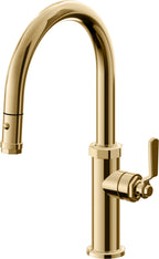 California Faucets Descanso Works Llave de Cocina Extraible Industrial con Rociador de Boton - Pico Bajo en Arco - Oro Francés