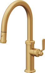 California Faucets Descanso Works Llave de Cocina Extraible Industrial con Rociador de Boton - Pico Bajo en Arco - Oro Satinado de por Vida