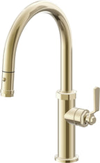 California Faucets Descanso Works Llave de Cocina Extraible Industrial con Rociador de Boton - Pico Bajo en Arco - Latón Pulido