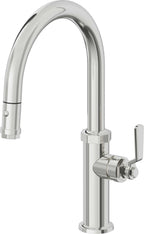 California Faucets Descanso Works Llave de Cocina Extraible Industrial con Rociador de Boton - Pico Bajo en Arco - Cromo Pulido