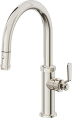 California Faucets Descanso Works Llave de Cocina Extraible Industrial con Rociador de Boton - Pico Bajo en Arco - Níquel Pulido