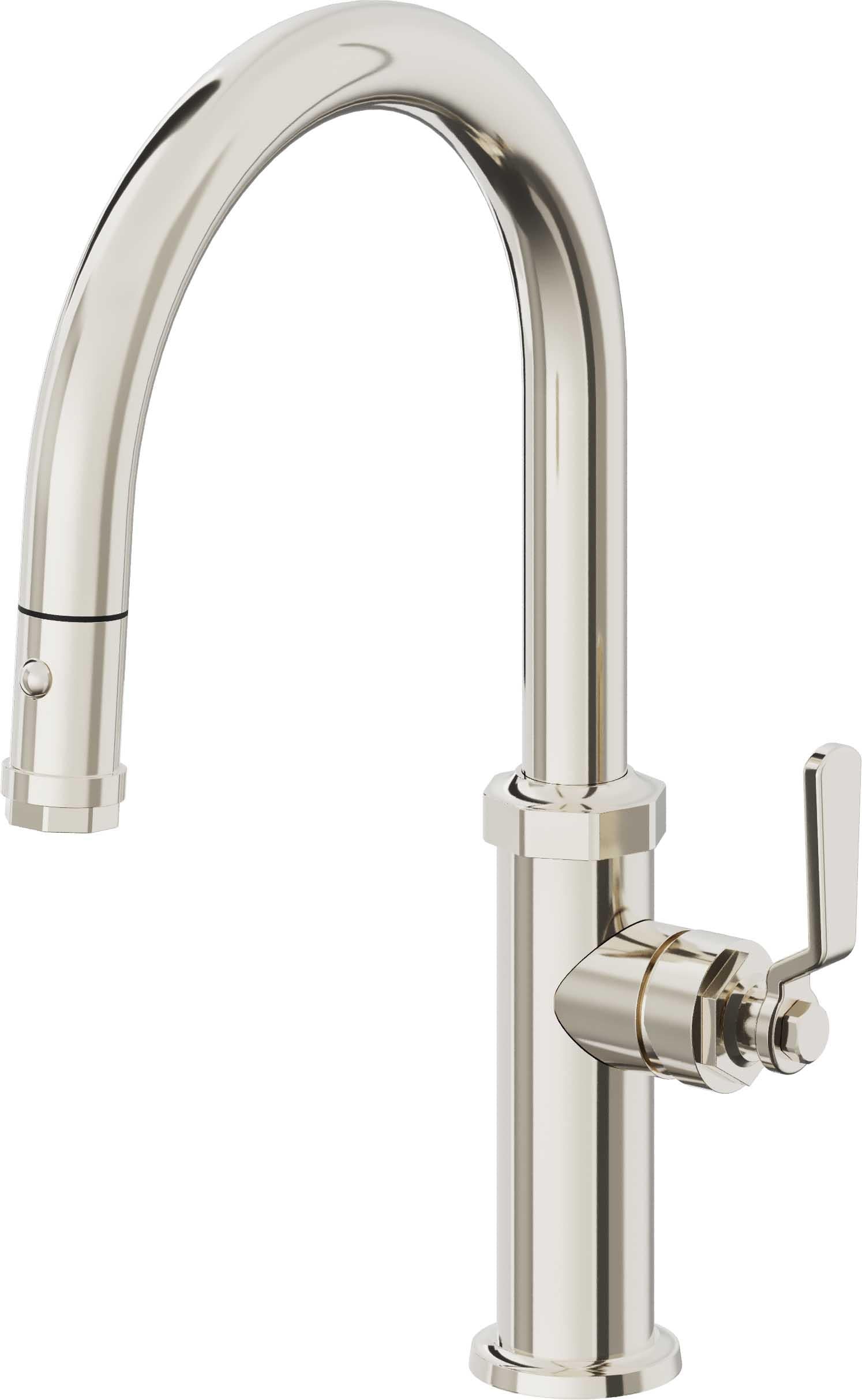 California Faucets Descanso Works Llave de Cocina Extraible Industrial con Rociador de Boton - Pico Bajo en Arco - Níquel Pulido