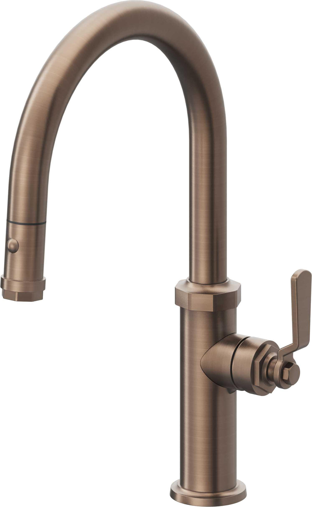 California Faucets Descanso Works Llave de Cocina Extraible Industrial con Rociador de Boton - Pico Bajo en Arco - Bronce Satinado