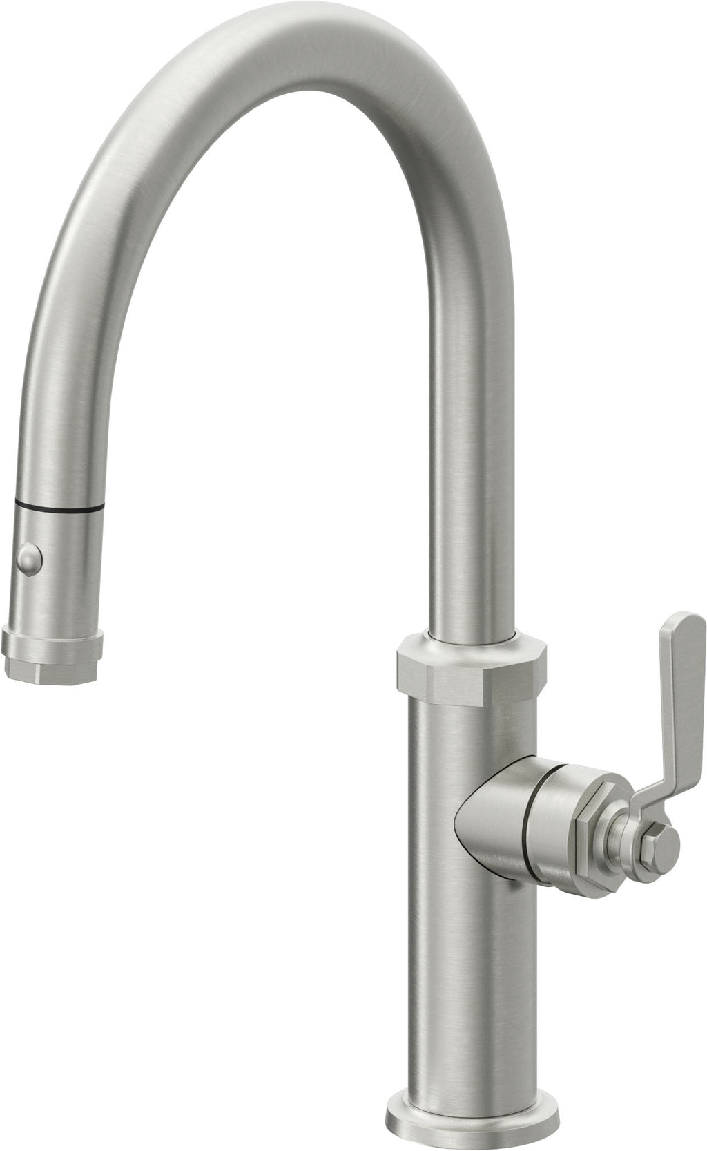 California Faucets Descanso Works Llave de Cocina Extraible Industrial con Rociador de Boton - Pico Bajo en Arco - Cromo Satinado